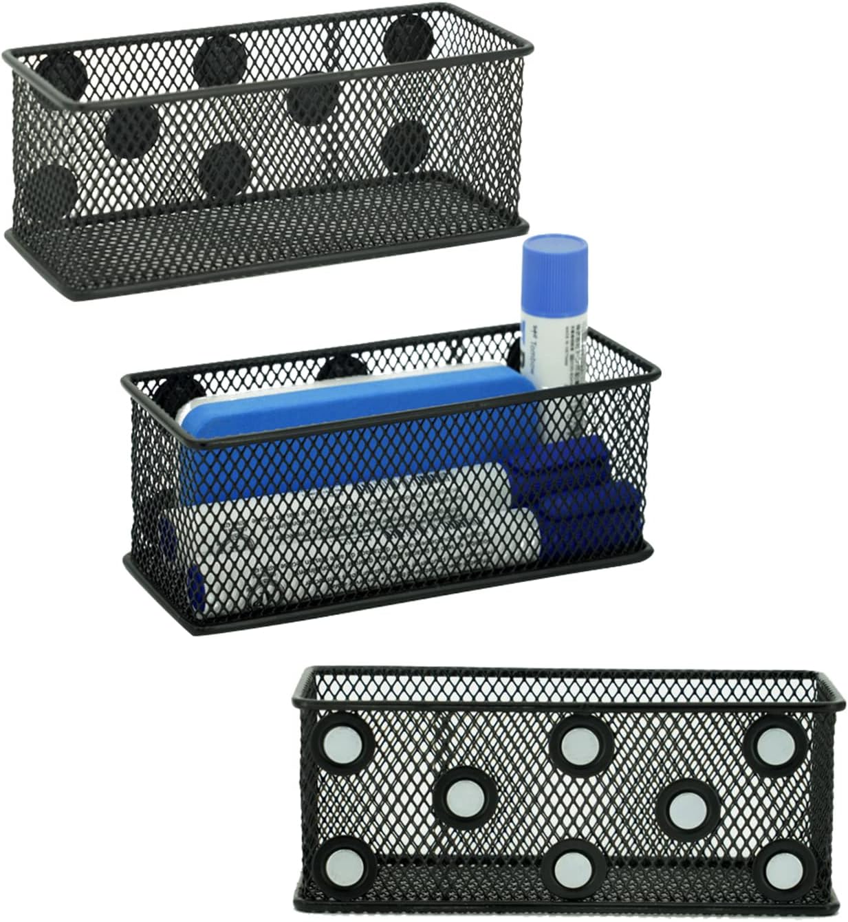 Neudeco Magnetic Locker Organizer and Accessories,Wire Mesh Magnetic Storage Basket ,Magnetic Holder for Dry Erase Markers,Strong Magnet Pen Holder for Fridge School,Pack 3 (Black)