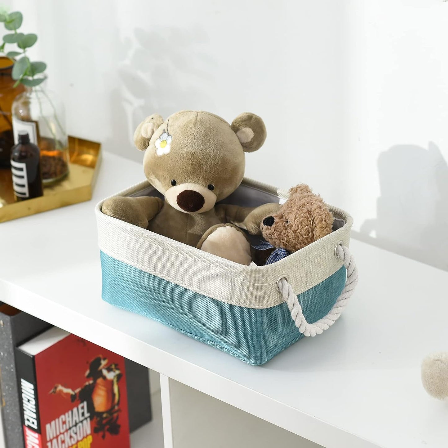 TheWarmHome Fabric Storage Bin with Handles,Storage Basket for Home Storage and Organization, Shelf Basket with Cover for Living Room Bedroom Decor Closet(White & Green,Small ,11.8L×7.9W×5.2H