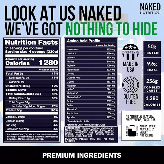 Chocolate Peanut Butter Naked Mass - 1,280 Calories, 50G Protein, Nothing Artificial. All Natural Weight Gainer Protein Powder - 8Lb Bulk, GMO Free, Gluten Free & Soy Free