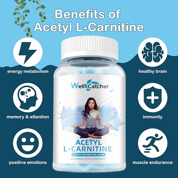 Acetyl L-Carnitine Gummies 1000 MG - Sugar Free L-Carnitine Supplement for Muscular Endurance, Brain Health, Energy Metabolism - Vegan Non-GMO - Blueberry Flavoured - 60 Counts