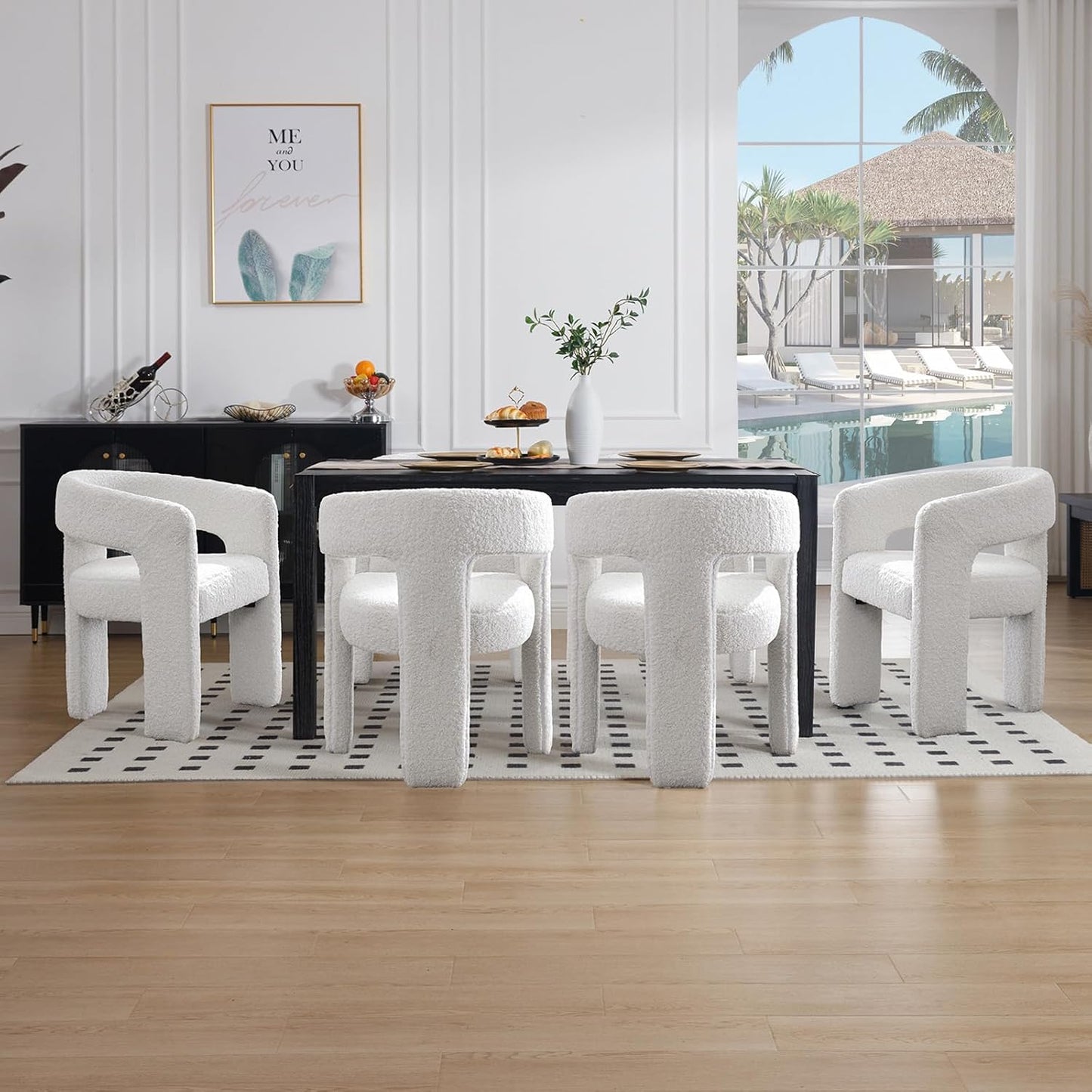 White Boucle Dining Chairs Set of 6, Modern Barrel Dining Room Chairs Upholstered Faux Fur Accent Chair with Arms and Round Back for Living Room Kitchen Armchair No Assembly Needed