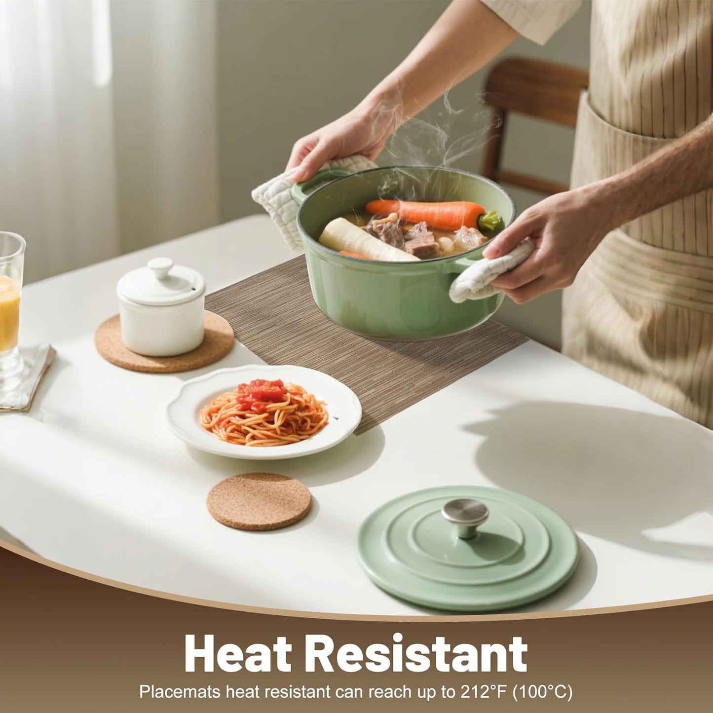 Placemats Set of 6,Non-Slip PVC Weave Table Mats Easy to Clean,Heat Resistant Place Mats for Kitchen Dining Table Decoration Indoor Outdoor,Light Brown