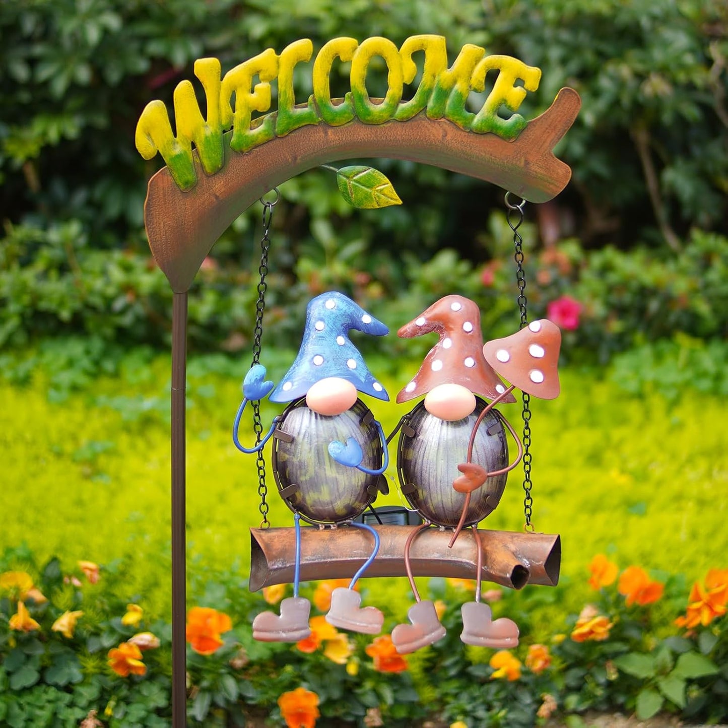 HONGLAND Gnome Garden Decor with Solar Lights, Funny Gnomes Swing Outdoor Decor, Gardening Gifts for Women Mom, Gnomes Yard Decorations with Welcome Sign for Lawn Porch Backyard Patio