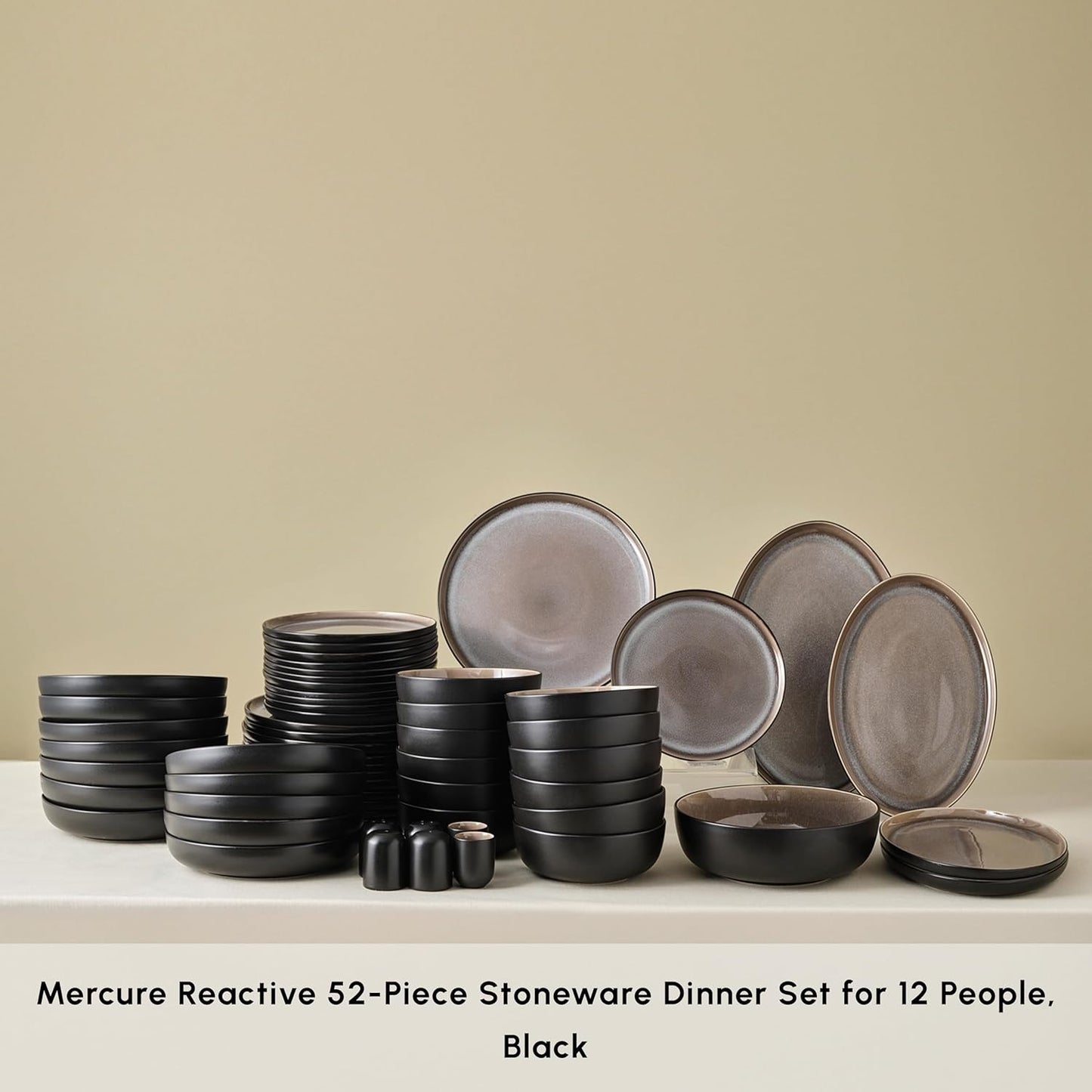 Karaca Mercure 59 Piece Stoneware Plates and Bowls Set, Reactive Glaze Black Dinner Set, Complete Kitchen Tableware Collection, Ideal Dinnerware for 12 People Dining Experience, Dishwasher Safe