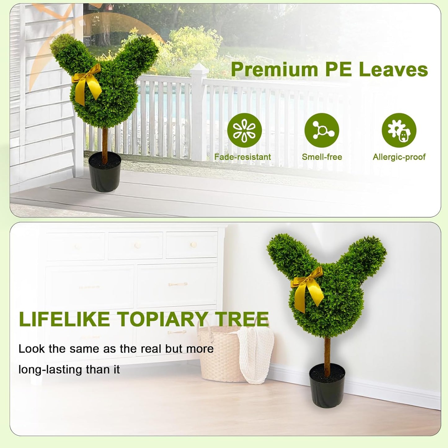 2 Pcs Artificial Bunny Shaped Topiary Trees, Artificial Green Boxwood Bunny Decorations with Gold Bow, Perfect for Indoor & Outdoor Front Porch, Easter& Garden Decor (Bunny Shaped Topiary Tree)