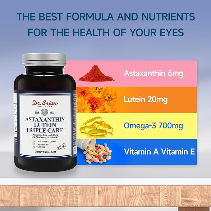Dr.Brian Vitamins Eye Lutein & Astaxanthin 20mg Omega 3 Fish 720mg EPA+DHA 700mg Astaxanthin 6mg, Support 60 Softgels