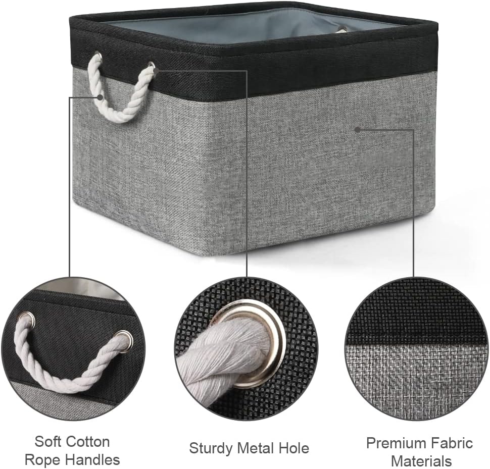 Organization and Storage Bins for Shelves - 17X15X12 inch 2 Pack Foldable Baskets for Organizing, Fabric Storage Cubes with Rope, Storage Box for Decorative Cloth (Black & Grey)