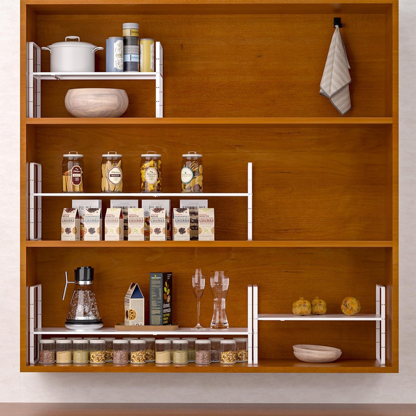 iPEGTOP Expandable Cabinet Storage Shelf Organizer Rack, Heavy Duty Cupboard Stand Spice Rack Adjustable Height Garage Pantry Shelf Space Riser for Counter Kitchen Organization, White, 3 Pack
