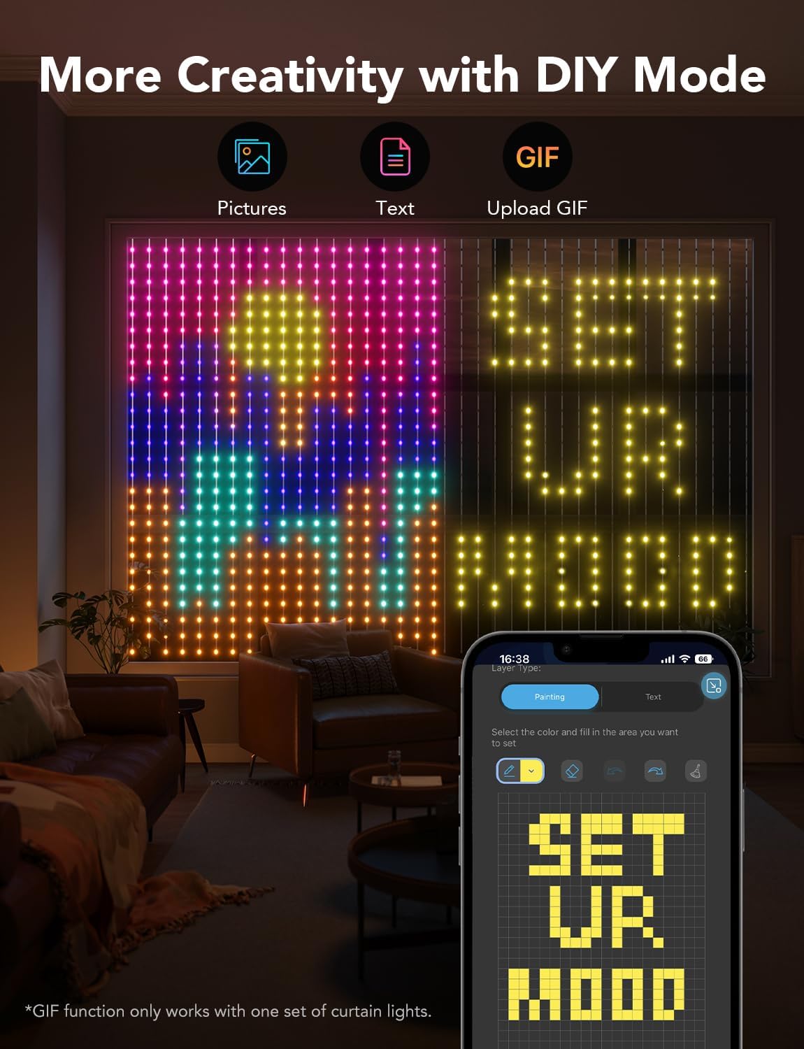 Govee Curtain Lights, Smart LED Color Changing Wall Lights, Dynamic DIY Curtain String Lights for Bedroom Living Room Holiday Decor, Outdoor IP65 Waterproof,4.9x6.6ft, 520 RGBIC LED