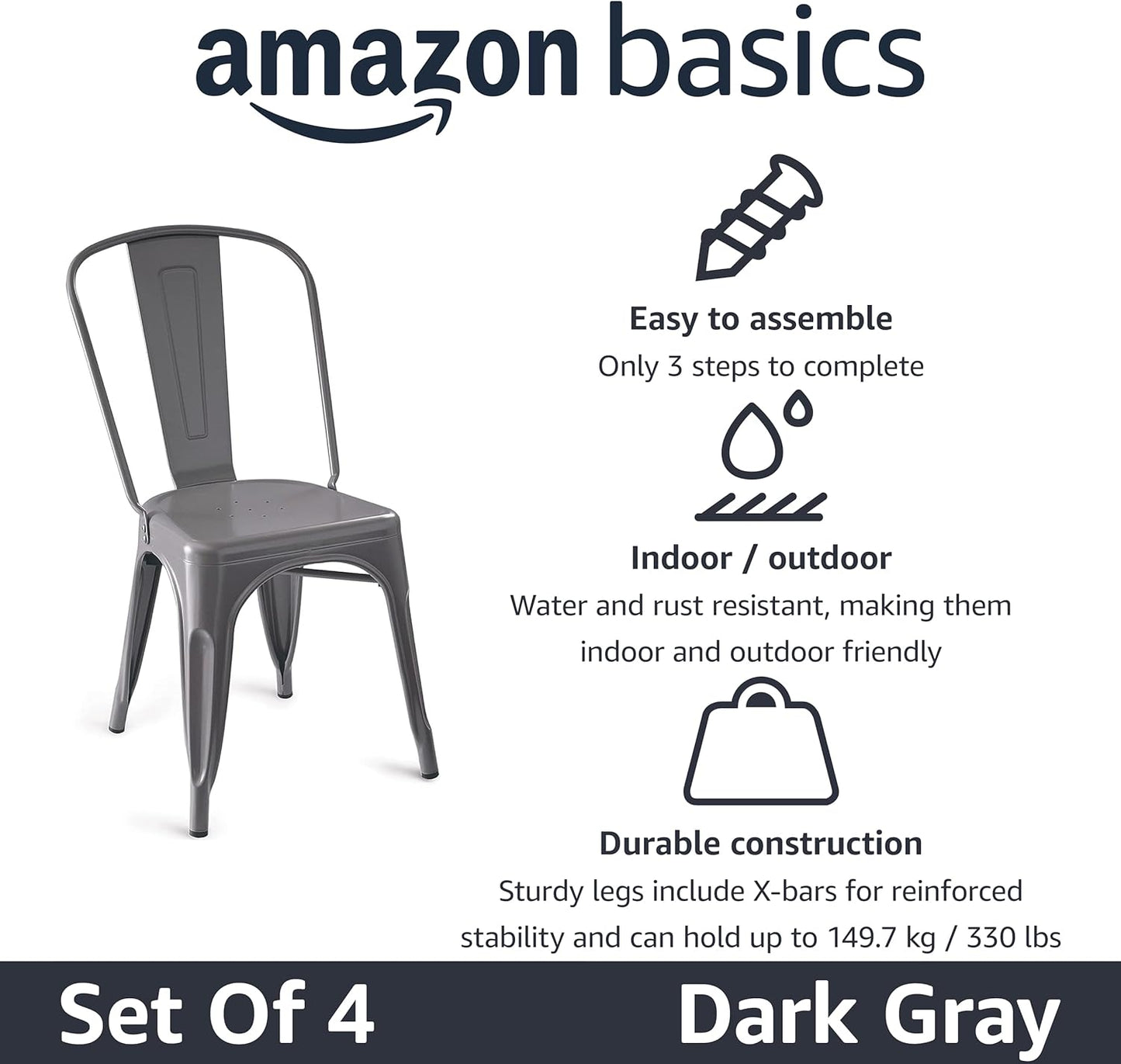 Amazon Basics Metal Dining Chairs, 4 Count, Dark Grey, 20.1 x 17.1 x 33.5 inches