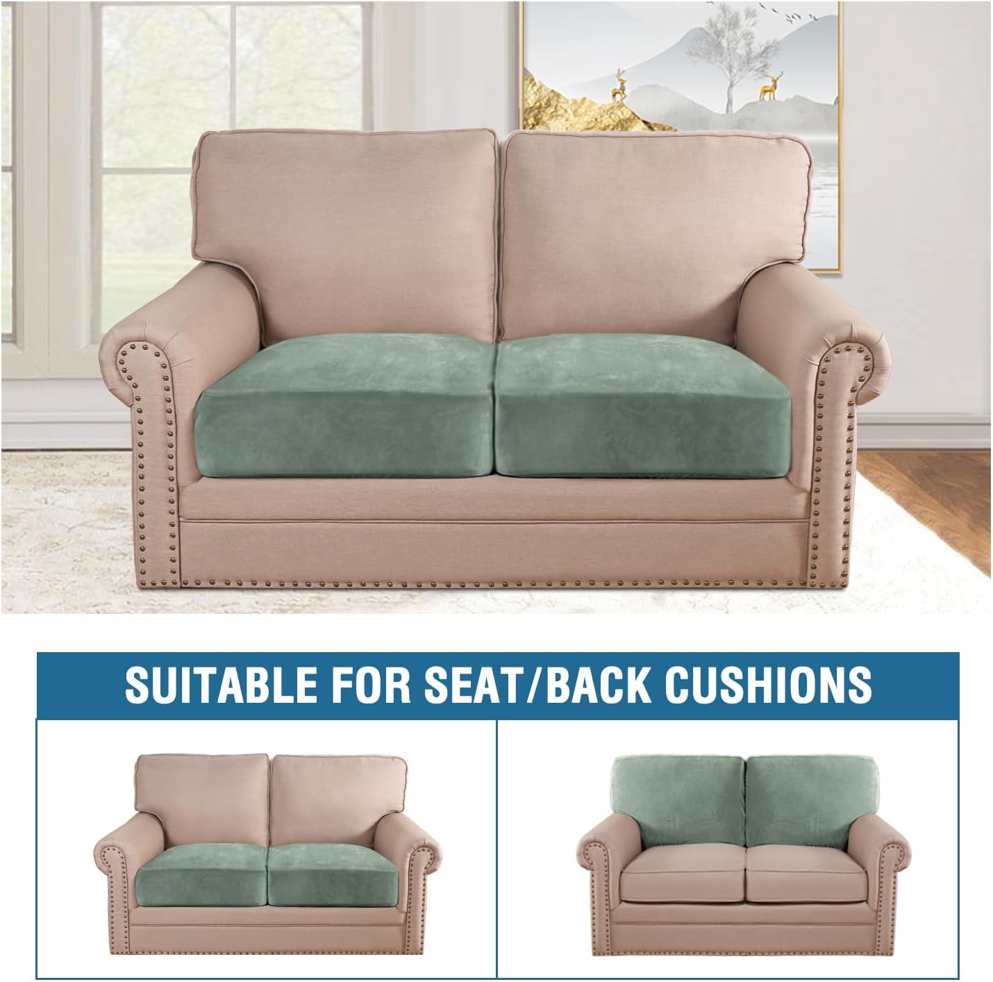 H.VERSAILTEX Velvet Stretch Couch Cushion Cover Plush Cushion Slipcover for Chair Loveseat Sofa Cushion Furniture Protector Seat Cushion Sofa Cover (2 Piece Large Sofa Cushion Covers, Sea Grass)