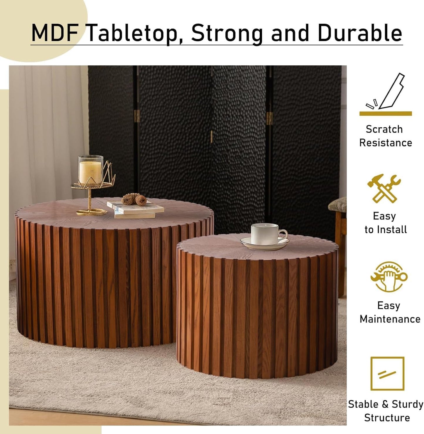Round Nesting Coffee Table Set of 2 Handcraft Circle Fluted Nesting Coffee Tables Circular Side Table Drum Accent End Tables for Living Room Bedroom (Brown Small)
