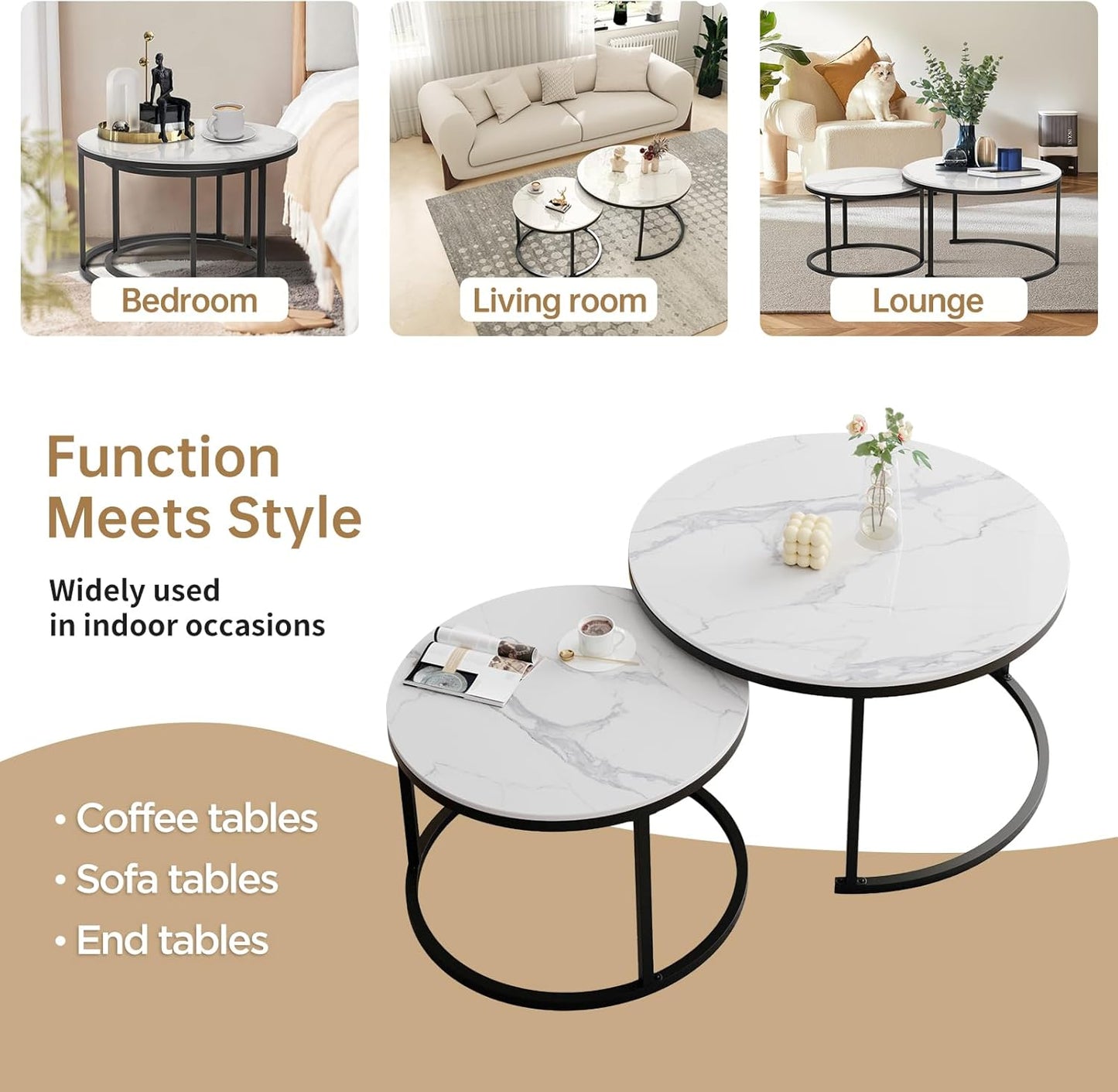Round Nesting Coffee Table, White Modern Decorative Coffee Center Table Set of 2,Round Sintered Stone 24'' Coffee Table for Living Room with Sturdy Metal Frame.