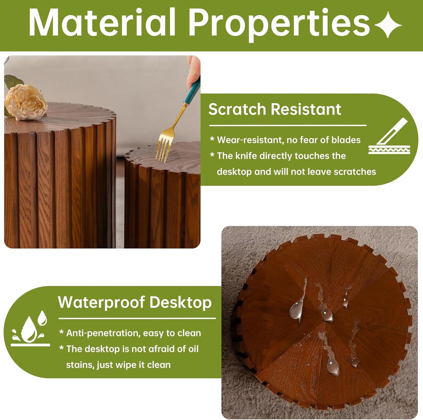 Round Nesting Coffee Table, Drum Wood Coffee Table Set of 2 Brown, Modern Fluted Nesting Tables Circle Center Table 2 Piece for Small Spaces Living Room Bedroom Balcony Office, No Assembling