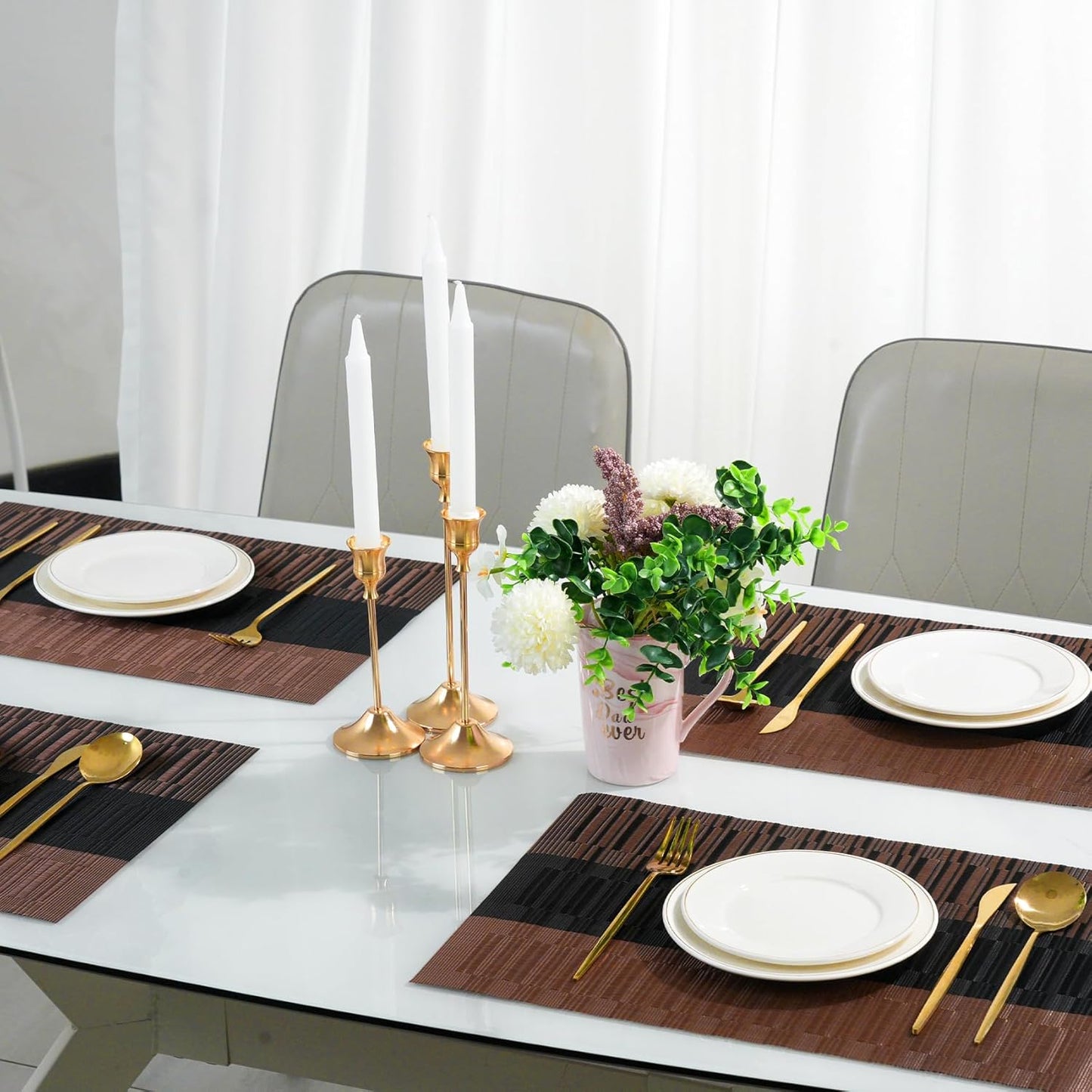 Placemats Set of 8,Non-Slip PVC Weave Table Mats Easy to Clean,Heat Resistant Place Mats for Kitchen Dining Table Decoration Indoor Outdoor,Black Brown