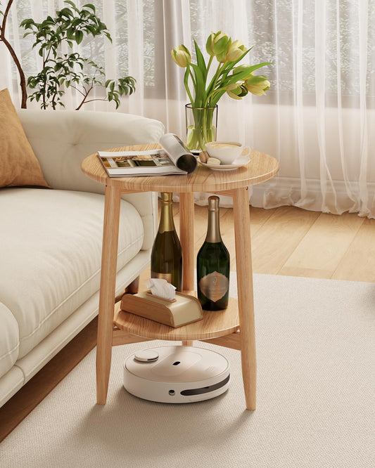 Round End Table,Solid Wood Small Round Table with Lower Shelf,Round Side Table,Nightstand for Small Spaces,Living Room,Bedroom(Natural)