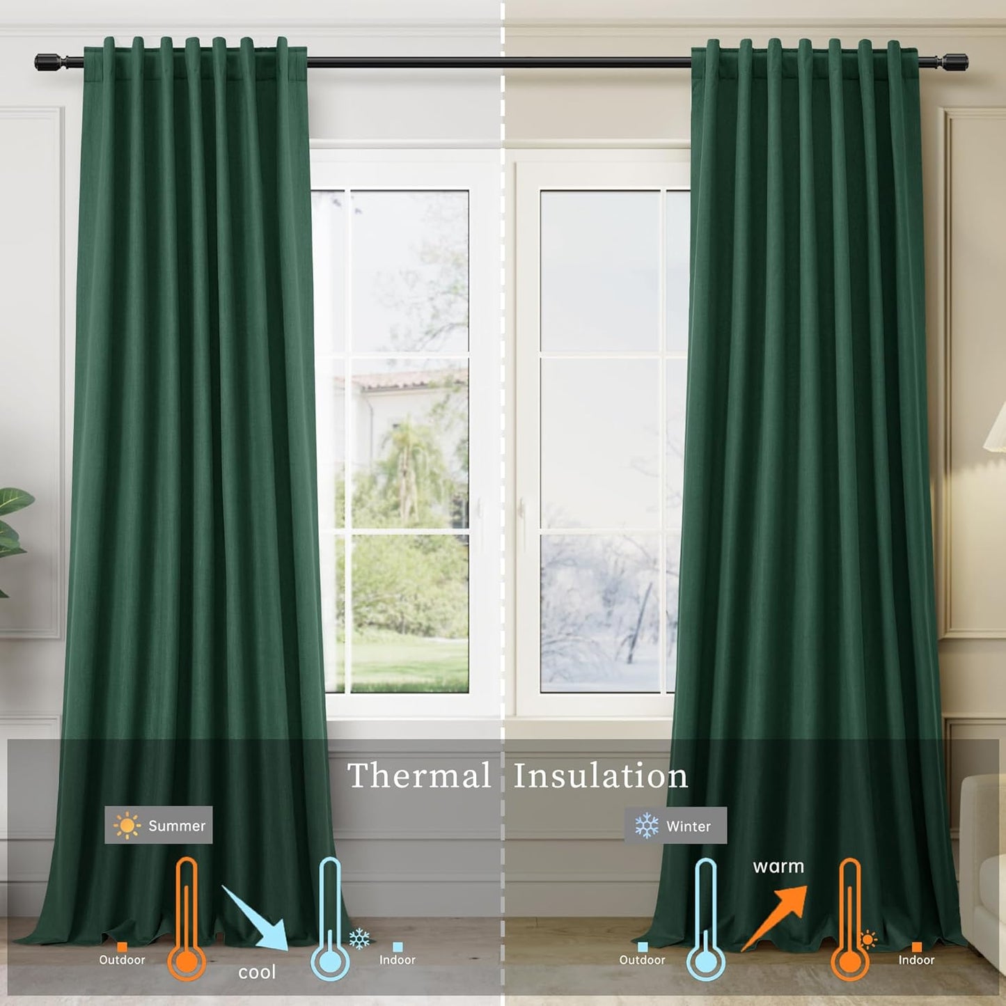 BOODII 108 Inch Black Out Curtains 2 Panels Set Back Tab Thermal Insulated Green Linen Textured Blackout Curtains Noise Reducing for Farmhouse Living Room Darkening Window Drapes 52x108