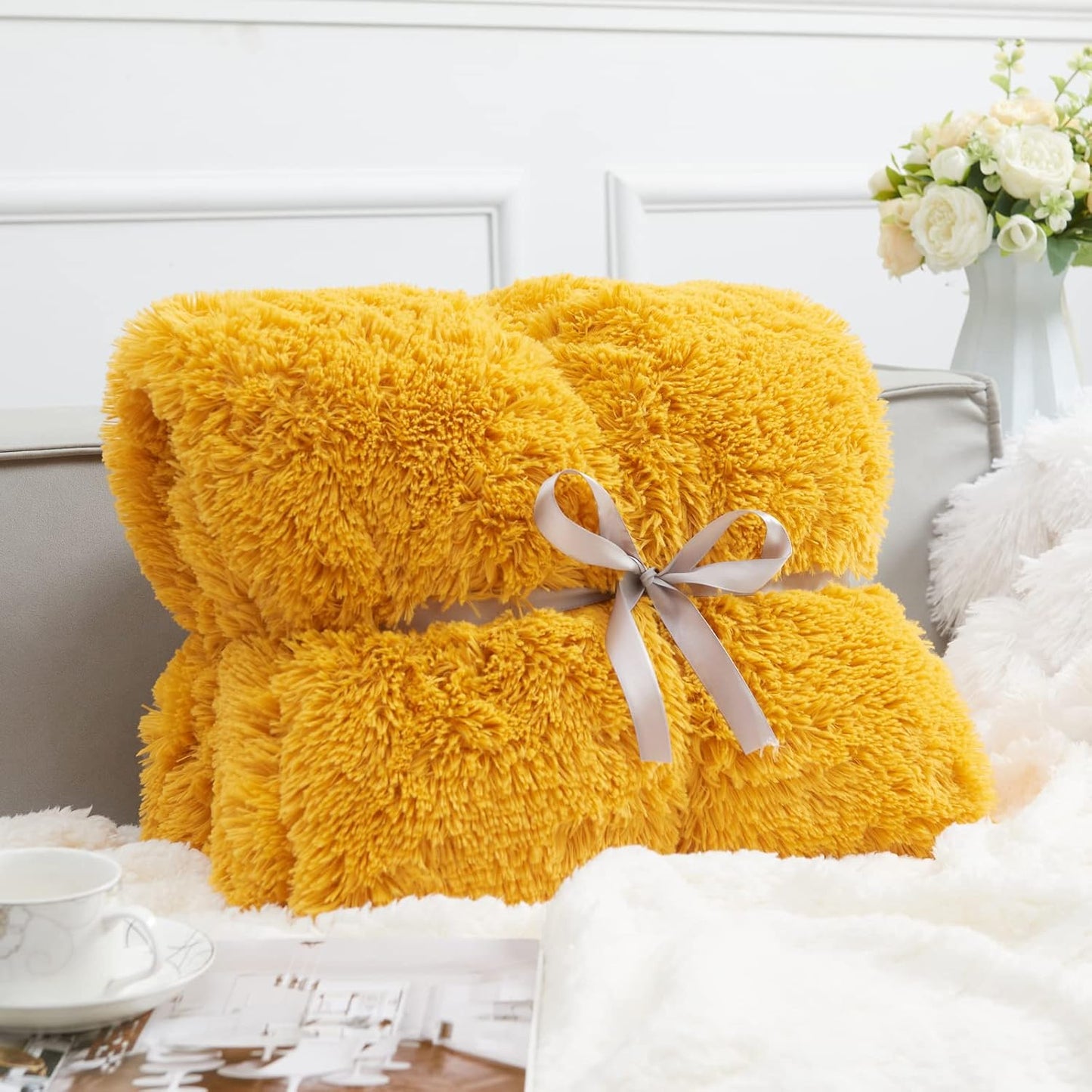 GONAAP Fuzzy Faux Fur Throw Blanket Mustard Yellow Super Soft Cozy Plush Fuzzy Shaggy Blanket for Couch Sofa Bed (Mustard Yellow, Throw(50"x60"))