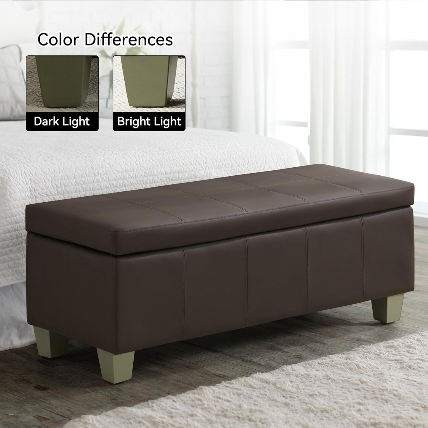 41" Faux Leather Storage Ottoman, Stitch Tufted Rectangle Upholstered End of Bed Storage Bench, Entryway Large Couch Ottoman with Wooden Legs,Brown