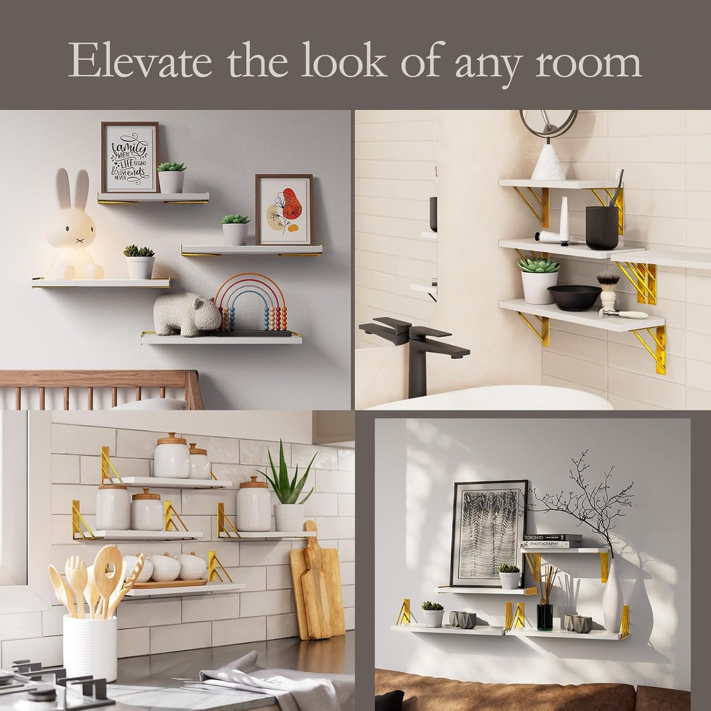 BAYKA Wall Shelves for Bedroom Decor, Floating Wall Shelves for Living Room Kitchen Storage, Wall Mounted Rustic Wood Shelves for Kids Books, Corner Shelf for Bathroom(White and Gold,Set of 4)