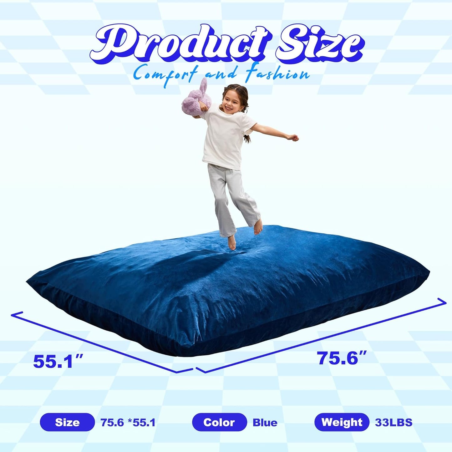 Hobestluk 3 in 1 Bean Bag Chair Giant Bean Bag Chairs for Adults with Velvet Cover Convertible Bean Bag Floor Cushion with Machine Washable Cover for Living Room (Velvet Blue)