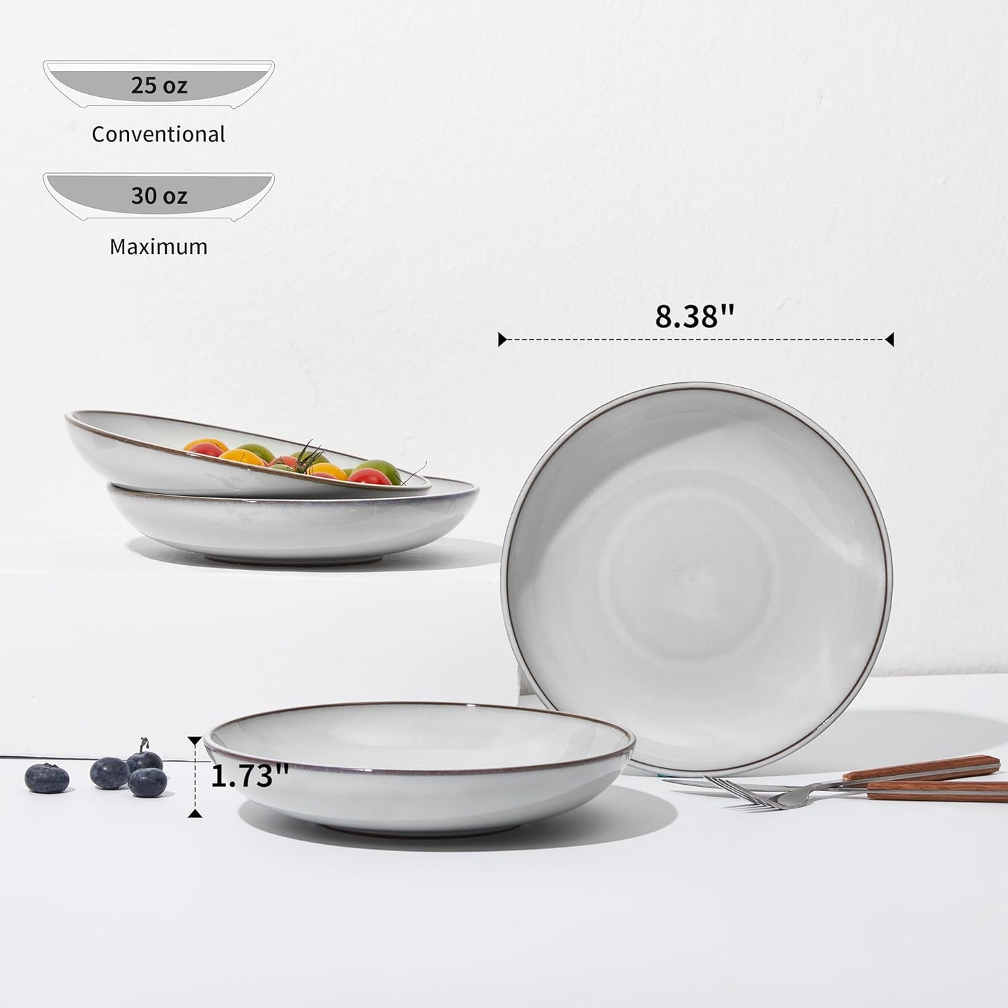 16 Piece Double Bowl Dinnerware Sets with Pasta Bowls, Highly Chip and Crack Resistant Plates and Bowls Sets, Natural Earthyware Ceramic Dishware Sets, Service for 4 Moonstone White