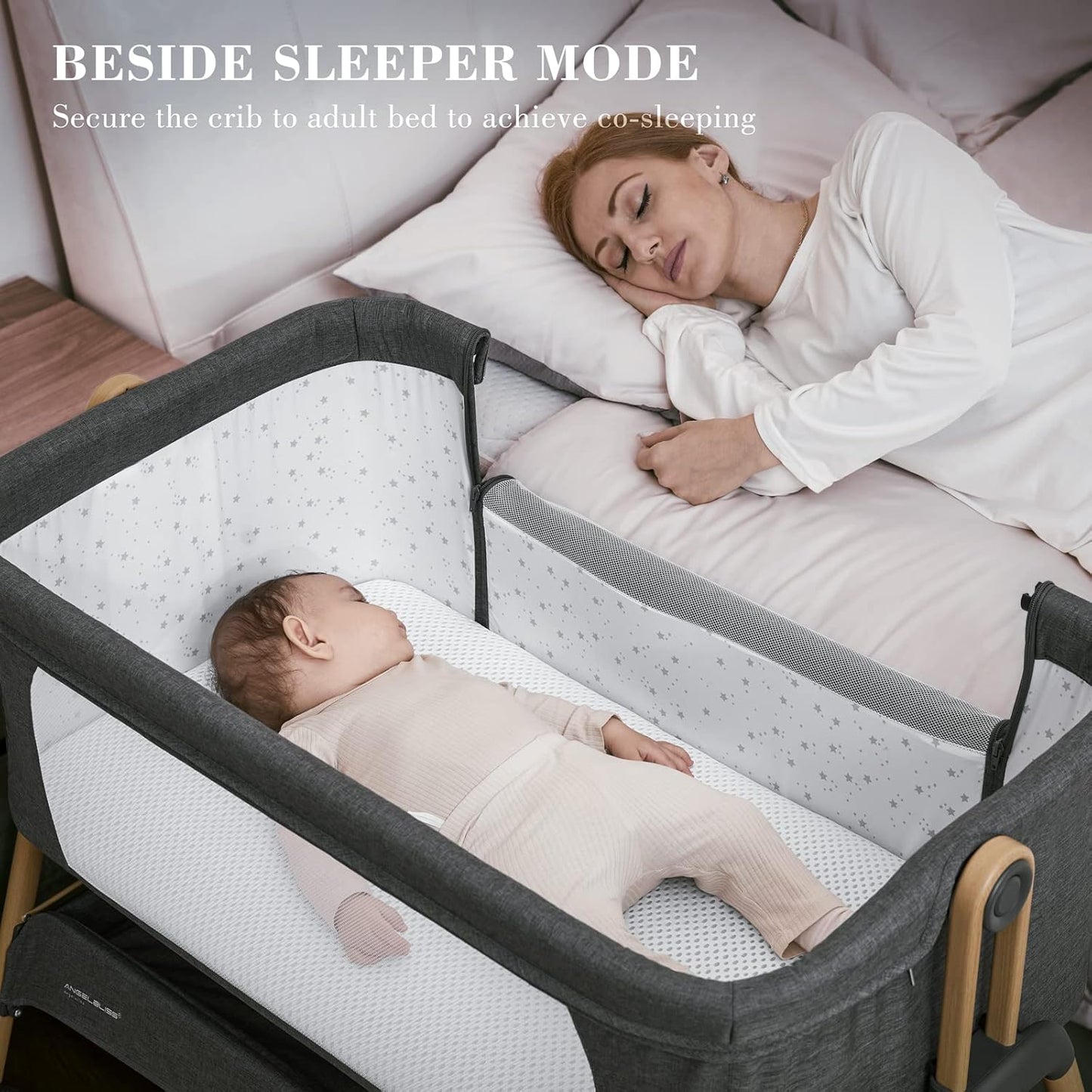 ANGELBLISS Baby Bassinet, Bedside Sleeper, Easy Folding Bedside Crib with Breathable & Washable Mattress Baby Bed, 6-Level Adjustable Portable Bassinets for Safe Co-Sleeping for Newborn Infant