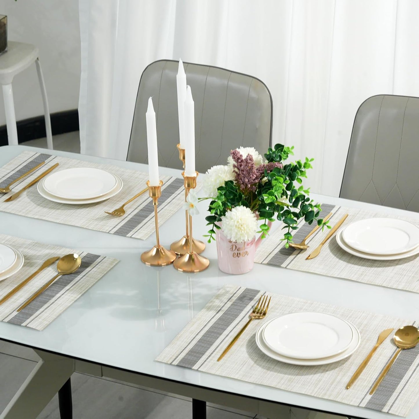 Placemats Set of 12,Non-Slip PVC Weave Table Mats Easy to Clean,Heat Resistant Place Mats for Kitchen Dining Table Decoration Indoor Outdoor,Khaki Gray