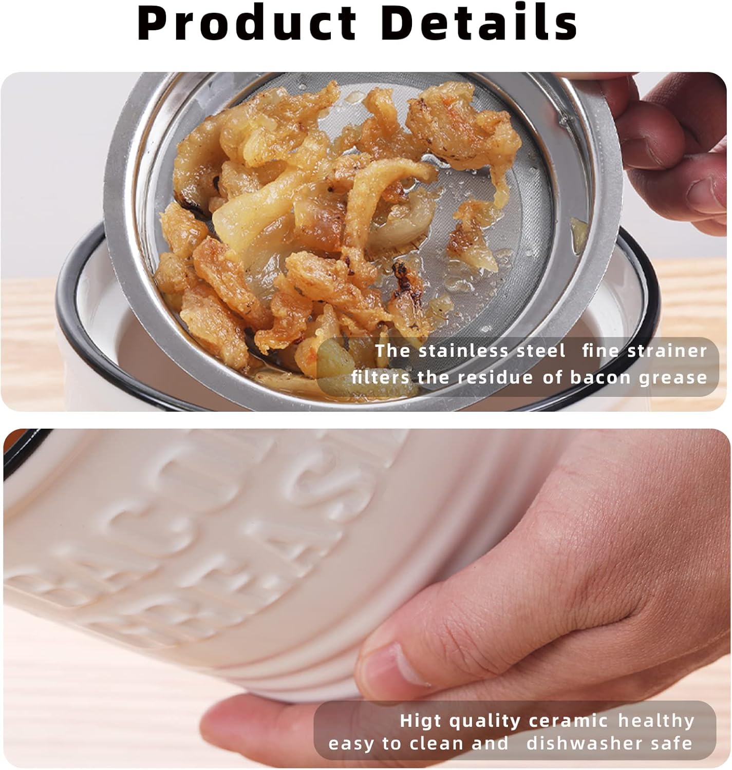 Ceramic Bacon Grease Container Keeper with Strainer,1L Frying Oil Storage Can White