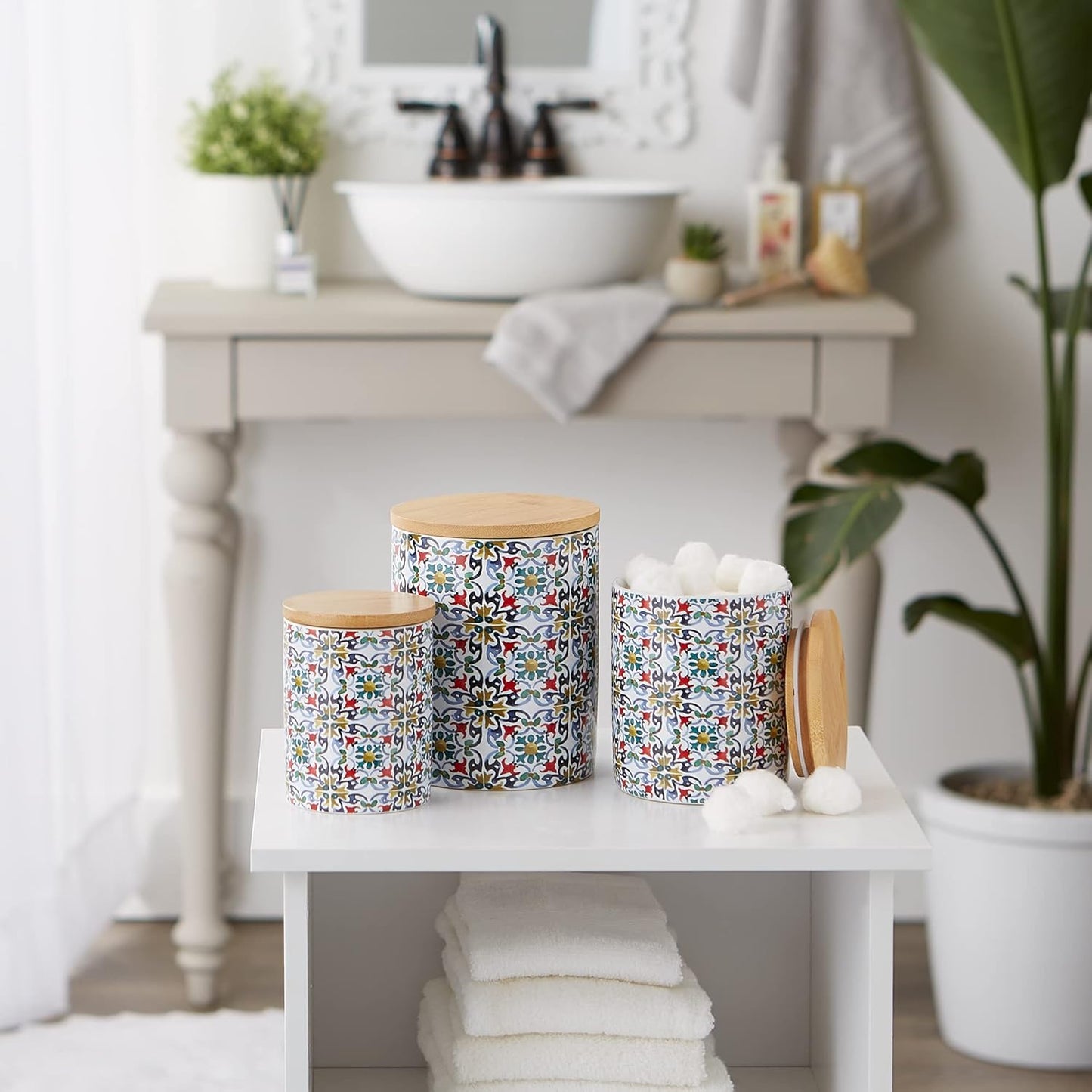 DII Kitchen Ceramics Collection Canister Set, Floral Tile, 3 Piece