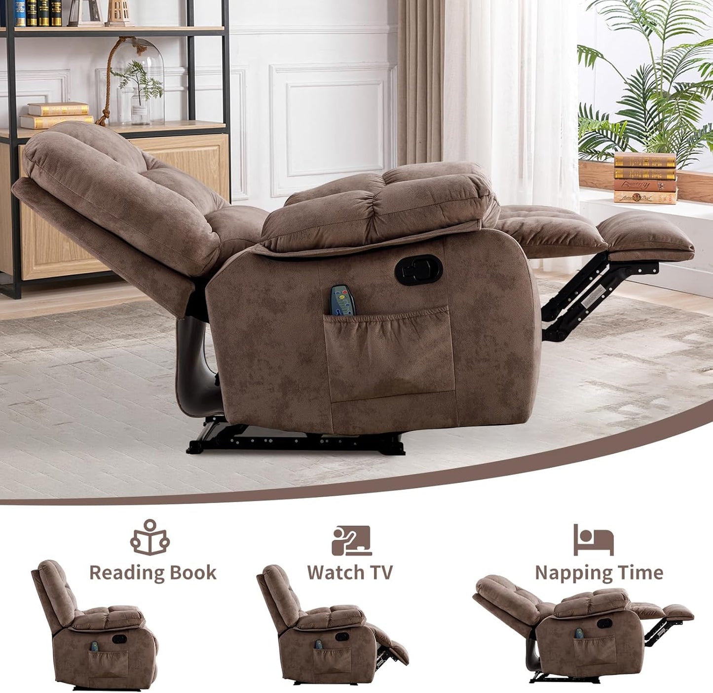 Massage Recliner Chair with Heat and Massage, Soft Fabric Ergonomic Manual Reclining Chairs, Heavy Duty Reclining Sofa Chair with Side Pockets for Living Room (Tan)