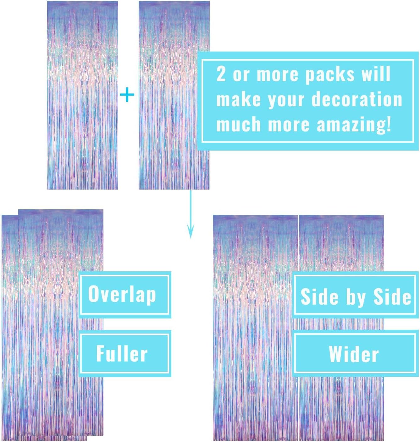 GOER 6.4 ft x 6.5 ft Metallic Tinsel Foil Fringe Curtains,Pack of 2 Party Streamer Backdrop for Mermaid Birthday Party Decorations(Neon Blue)