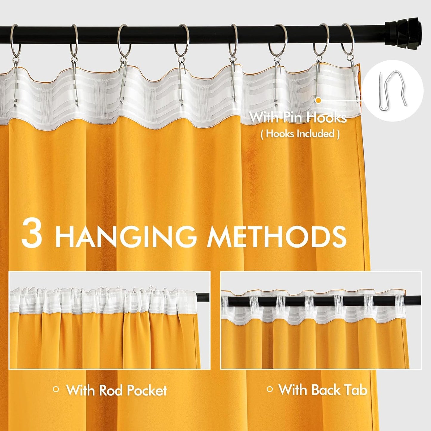 MIULEE Yellow Back Tab Blackout Curtains 72 Inches Long 2 Panels Set for Living Room Bedroom Privacy, Rod Pocket/Pinch Pleat Thermal Insulated Room Darkening Pleated Light Blocking Drapes
