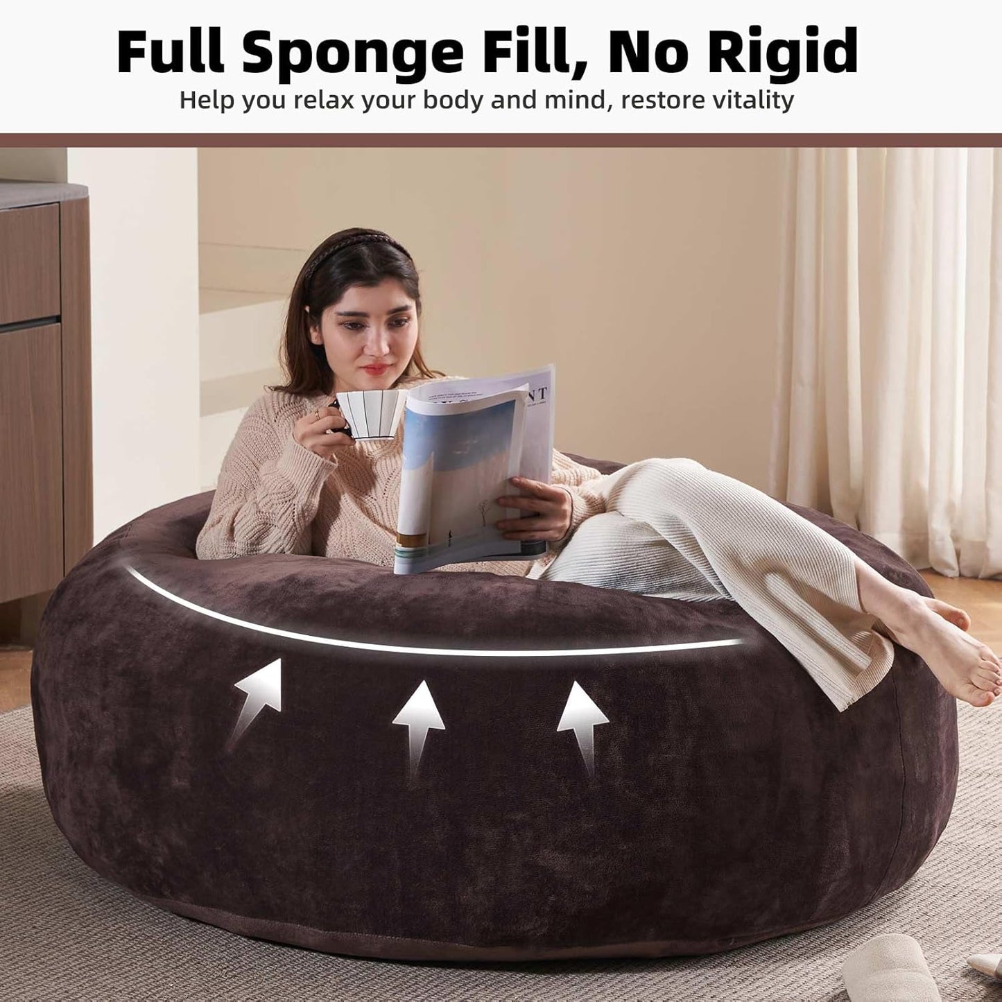 5FT,Big Bean Bag Chairs for Adults,Large beanbag with Filler Included,Memory Foam Material,Easy to Clean and Washable Corduroy Fabric,Suitable for Living Room and Bedroom (Brown, 5 Foot)