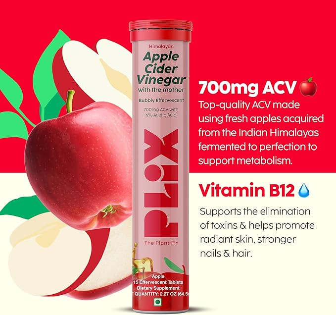 PLIX Apple Cider Vinegar Effervescent Tablets with The Mother, 700mg ACV with VIT B12, B6, Pack of 4 | Vegan, No Added Sugar, Non-GMO & Gluten-Free