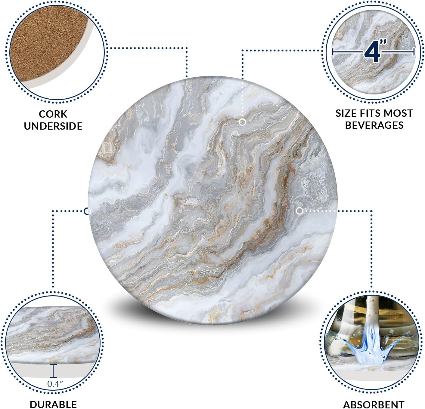 Emerson Coasters for Drinks Absorbent – Natural Stone Drink Coasters Set with Holder, Coasters for Coffee Table, Wooden Tabletop Protection Marble Style – 100% Heavy Duty Set of 6 (Sky)