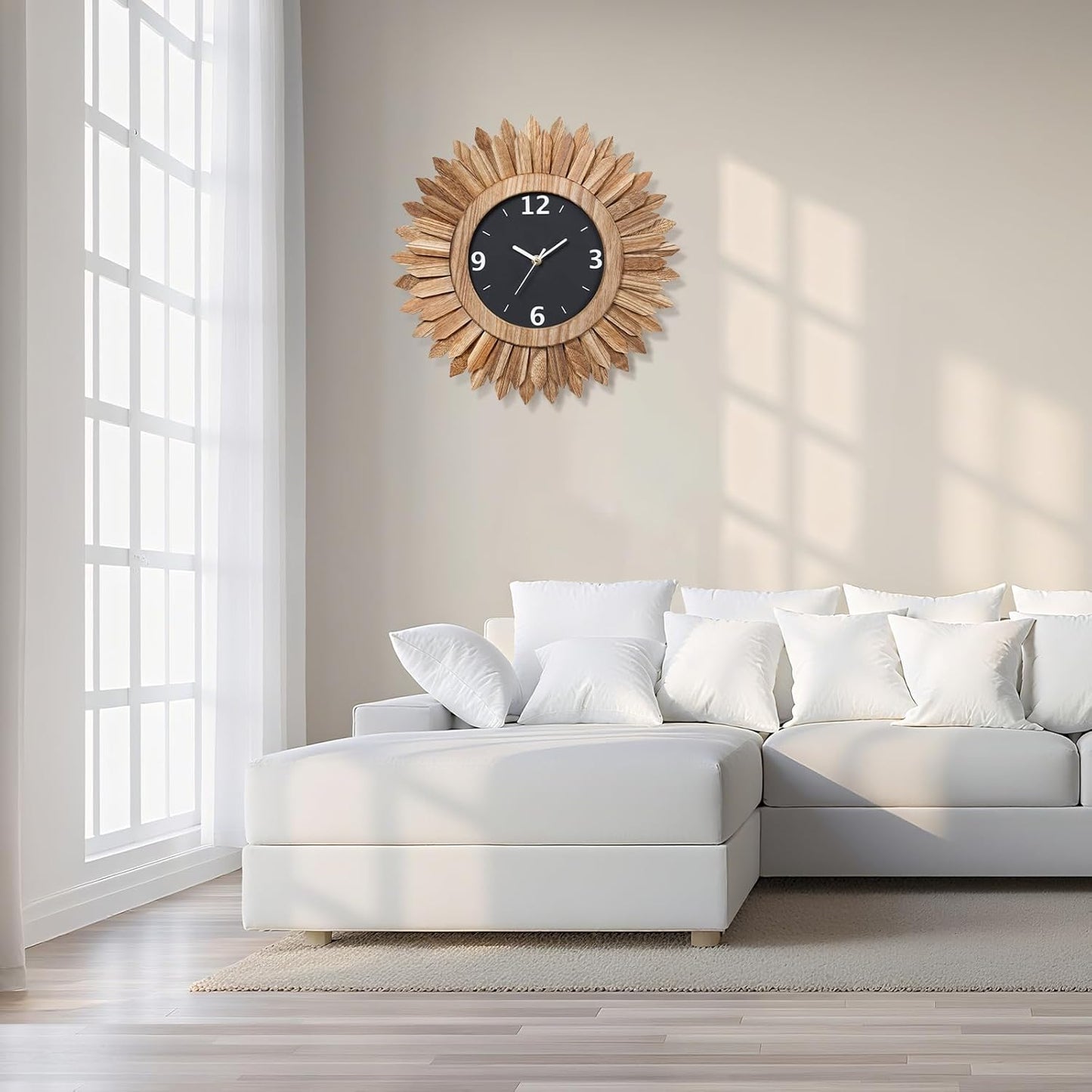 Honiway 16 Inch Wall Clocks, Rustic Wood Boho Sunburst Decorative Wall Clock Battery Operated Silent Non Ticking Farmhouse Large Wall Clocks for Living Room Kitchen Bedroom Home Decor (Rustic Brown)