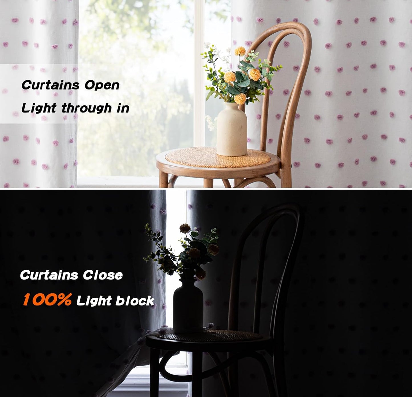 MYSKY HOME 100% Blackout Curtains for Girls Bedroom 63 Inch Long Purple Pom Pom Curtains for Kids Room 2 Panels Room Darkening Kitchen Window Treatment 2 Layered Drapes Toddler Grommet 52W x 63L