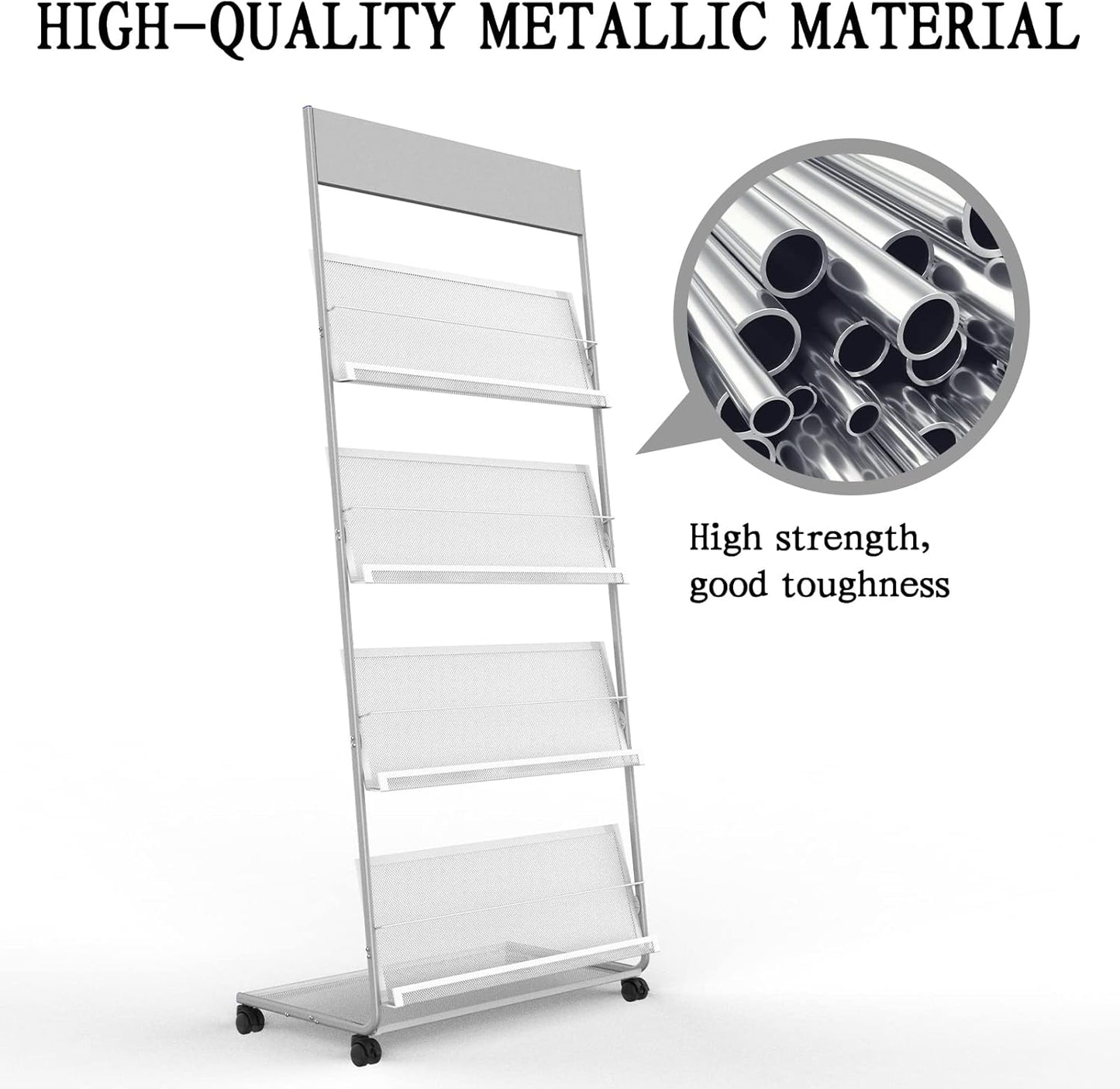 TONGMO Floor-Standing Magazine Rack 4-Layer with Wheels, Brochure Display Stand, High-hardness metal for Exhibitions, Office, and Any Organization Requiring Information Display (Silver)