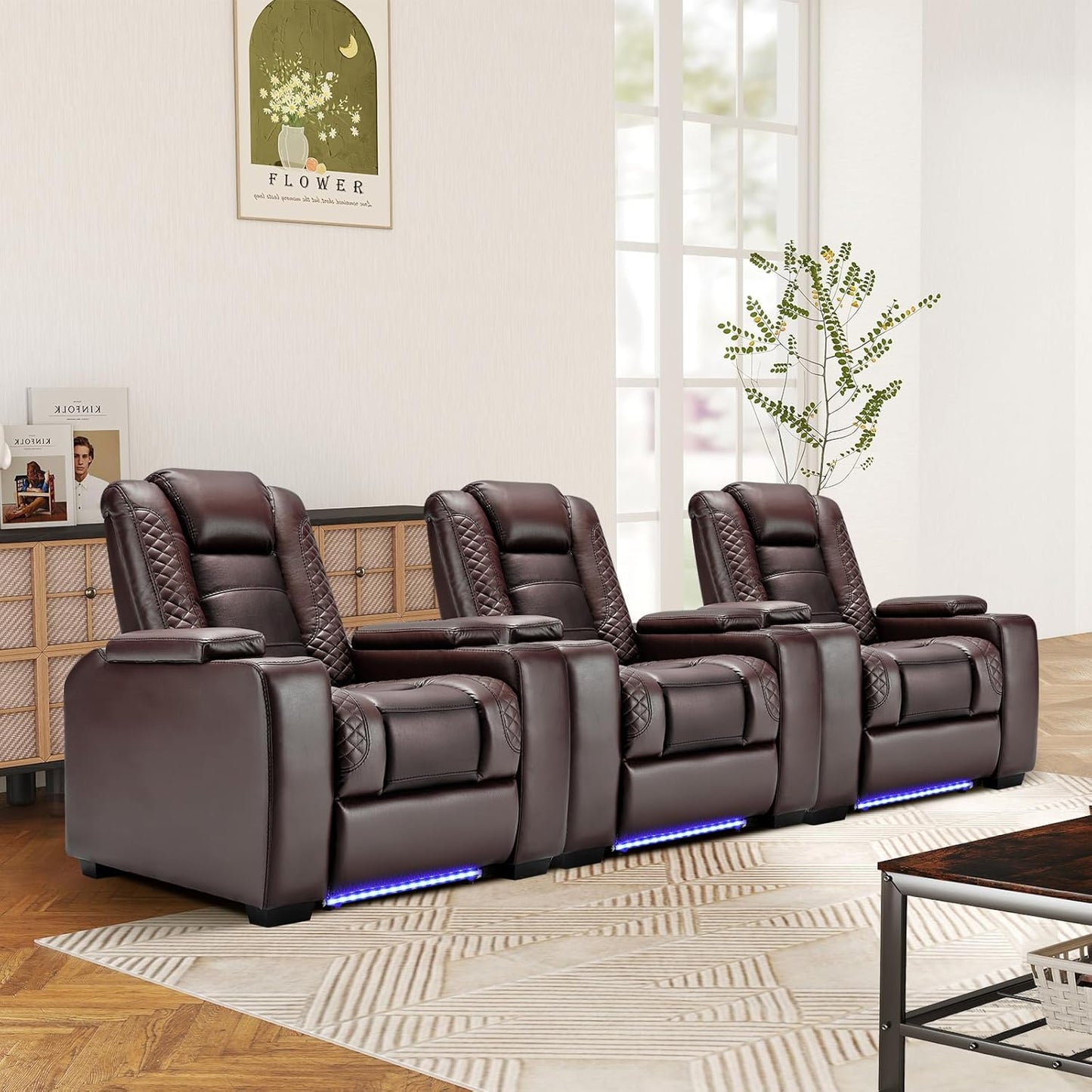 ANJ Power Home Theater Seating Set of 3, Brown Faux Leather Electric Recliner Chair with Powered Headrest, Dual Motors Movie Reclining Chairs with LED Lights,USB Port,Cup Holders, Hidden Arm Storage