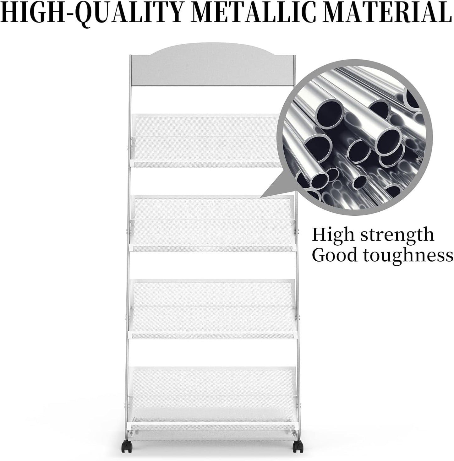 Floor-Standing Magazine Rack 4-Layer with Wheels, Semi-arched top Brochure Display Stand, High-hardness metal for Exhibitions, Office, and Any Organization Requiring Information Display (Arc-Sliver)