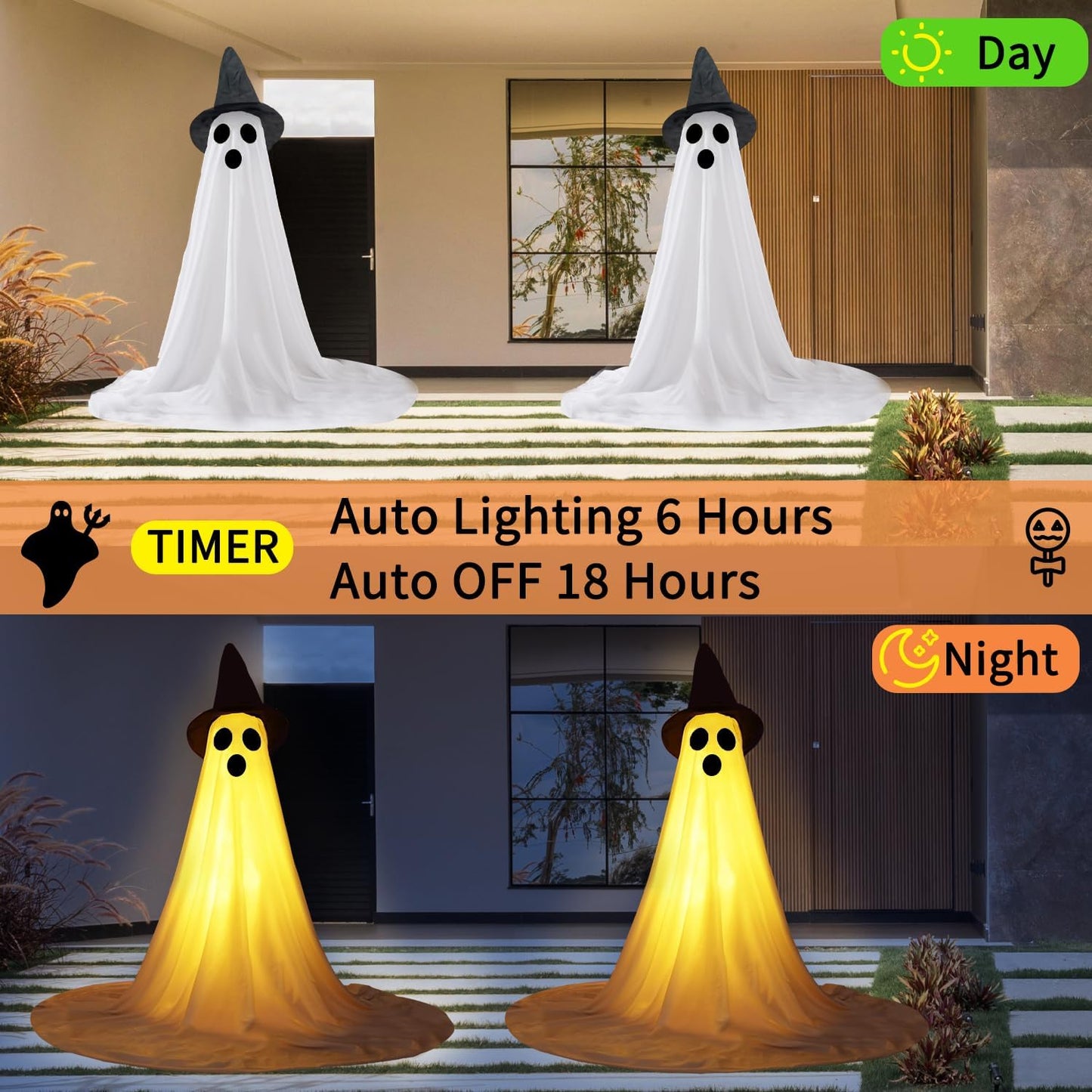 2 Packs Halloween Ghost Outdoor Decorations, 59โ Light Up Ghost Decor with Remote Control, Adjustable Height Standing Halloween Lighted Ghost Kit with Witch Hat Ideal for Porch, Garden, Yard