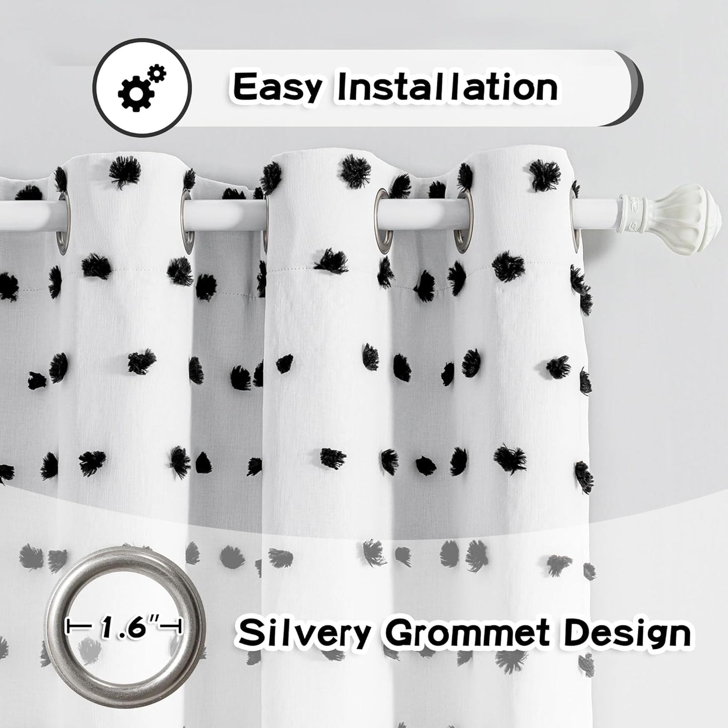 MYSKY HOME Blackout Curtains for Kids Bedroom 100% Light Block Out Thermal Insulated Curtain 63 Inches Grommet Room Darkening Curtains Privacy Window Drapes with Black Pom Pom Sheers,2 PCS, 52" x 63"