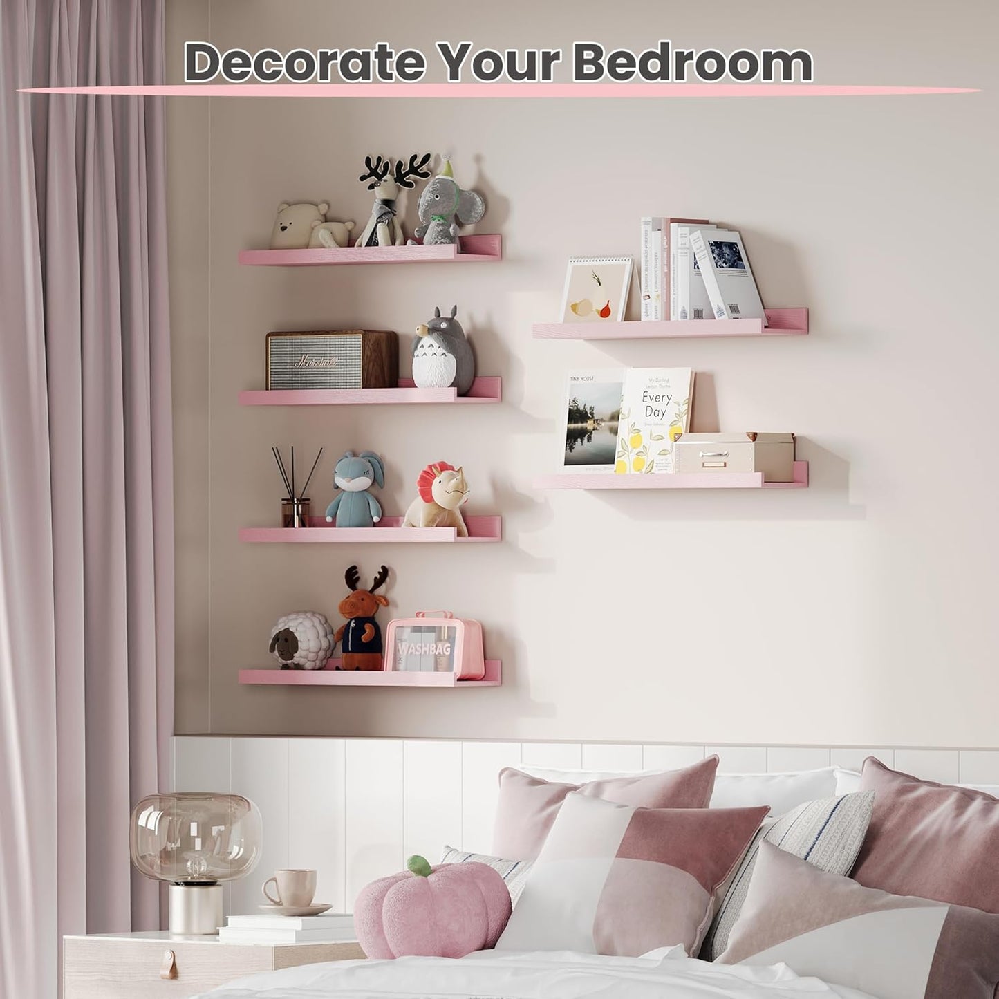 upsimples Pink Shelves for Wall, Pink Room Decor for Teen Girls, Bedroom, Living Room, Game Room, 6 Pack Wall Mounted Wood Shelves for Picture, Plants