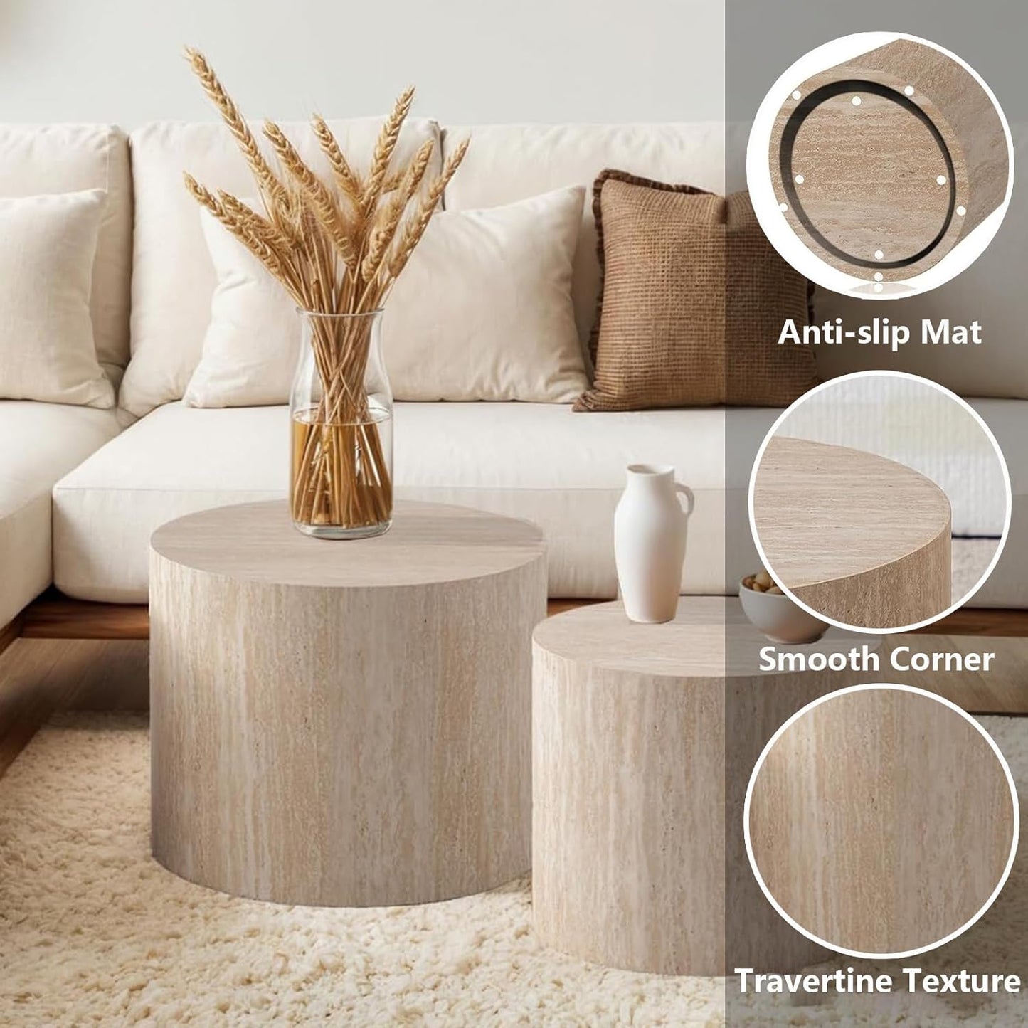 Nesting Coffee Table Set of 2 Modern Small Round Coffee Table and End Table Sets Wooden Drum Side Tables Circle Accent Center Tables for Living Room Apartment,No Assembly,Travertine