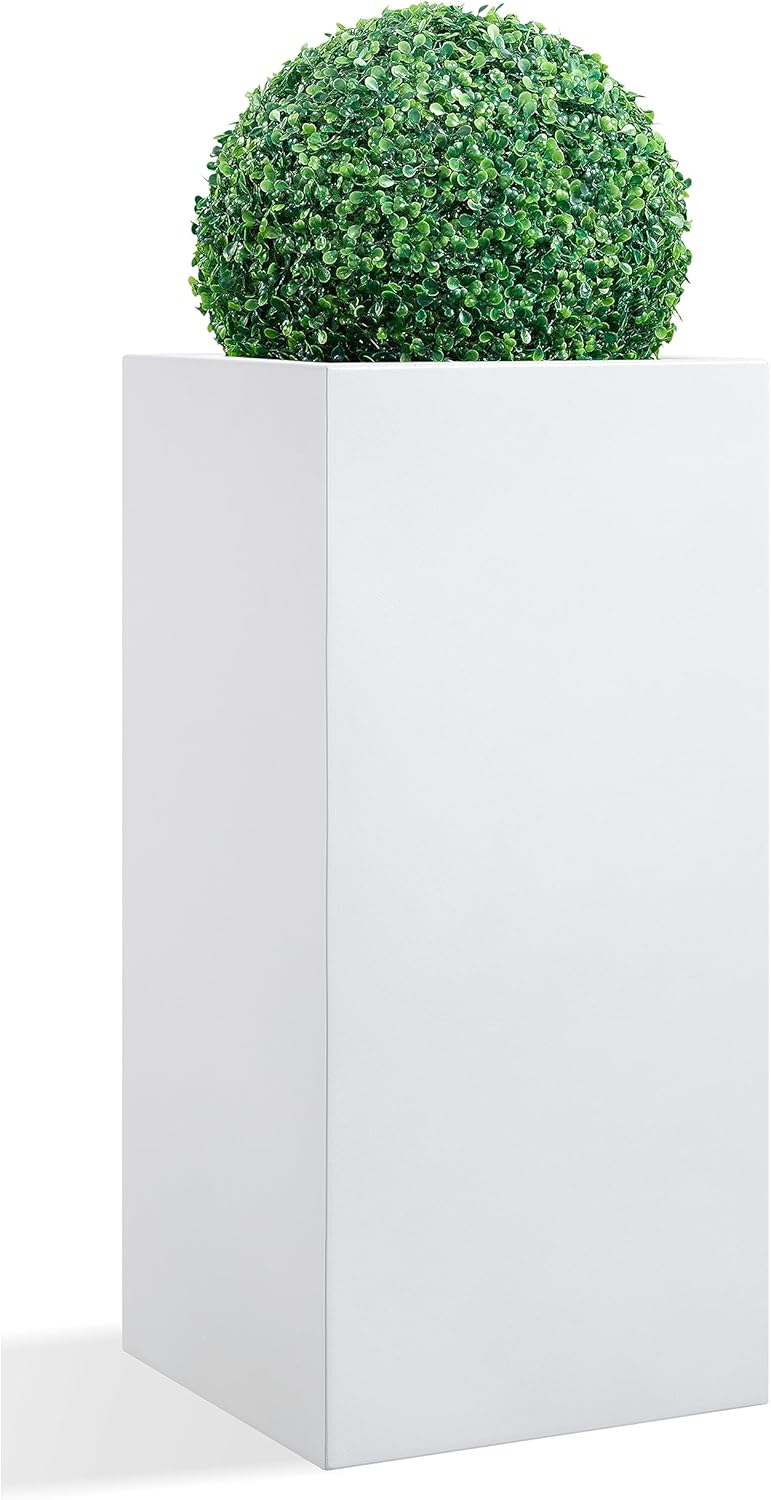 Metallic Heavy Large Planter Box for Outdoor or Indoor, Tall Metal Planters, Rectangular Flowerpot for Front Porch, Garden, Patio 25Pounds Pure White, No Assembly 1 Pack
