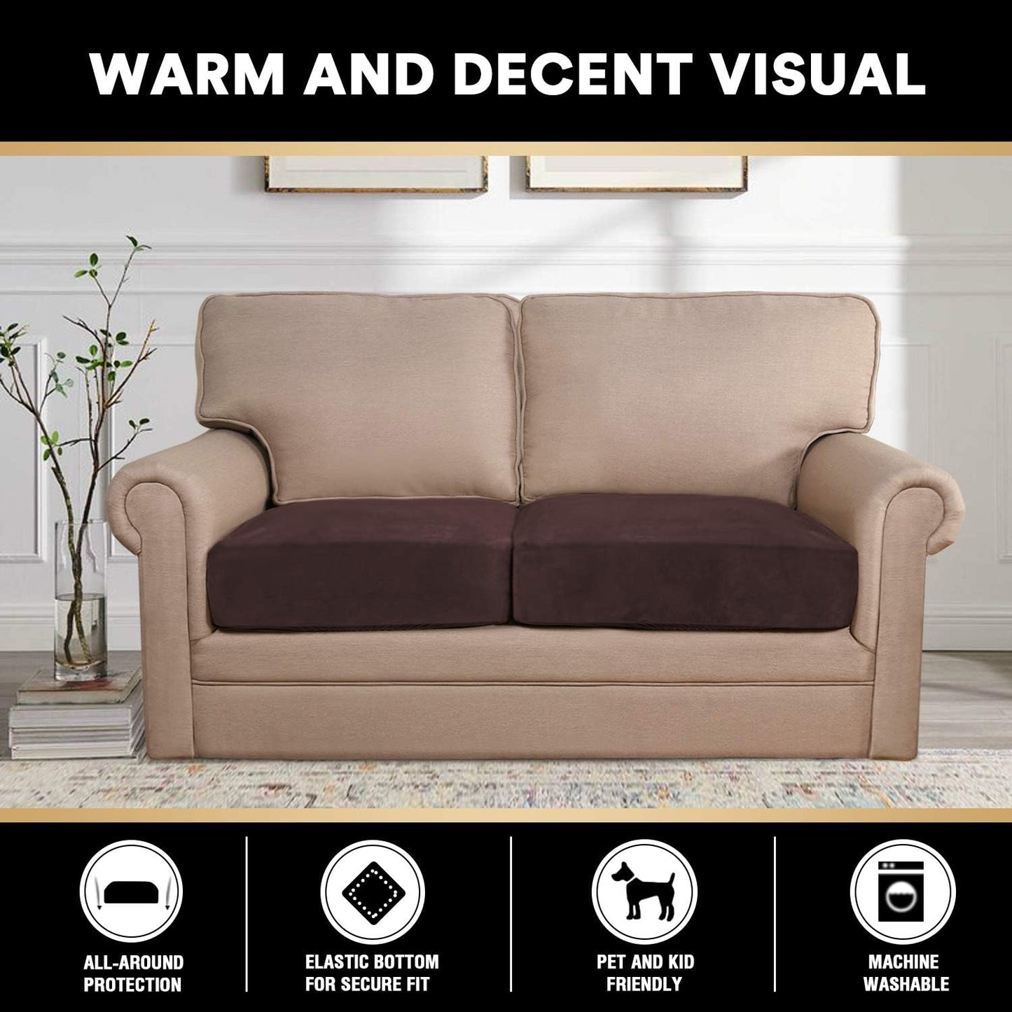 PrinceDeco Brown Furniture Cover, 2 Pcs Velvet Stretch Sofa Cushion Covers for Individual Cushions, Pet Friendly, Stay in Place, Machine Washable