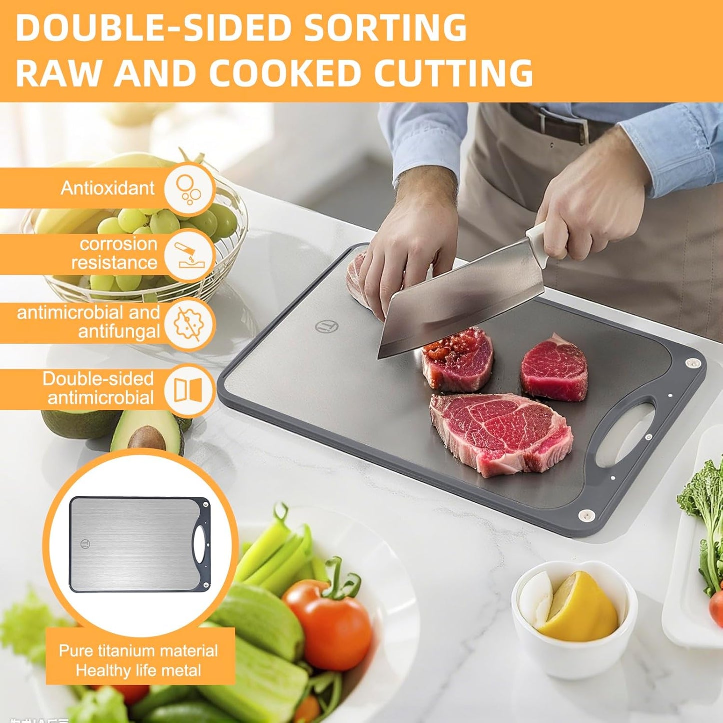 Titanium Cutting Board for Kitchen,Suitable for Handling Meat and Vegetables,Cutting Board Double Sided Food Grade,Pure Titanium and Wheat Straw PP,Dishwasher Safe, Easy to Clean, 15.08 * 10.35 Inches