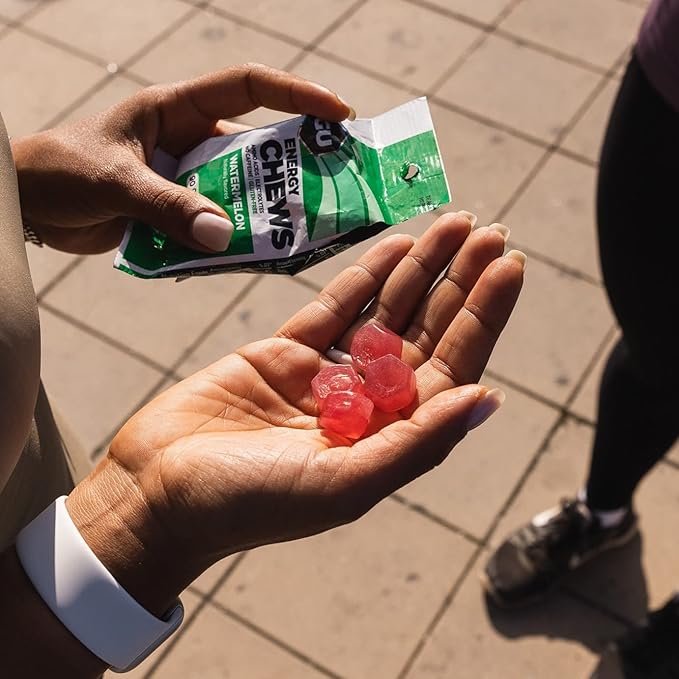 GU Energy Chews, Strawberry Energy Gummies with Electrolytes, Vegan, Gluten-Free, Kosher, 20 mg of Caffeine, and Dairy-Free On-the-Go Energy for Any Workout, 12 Bags (24 Servings Total)