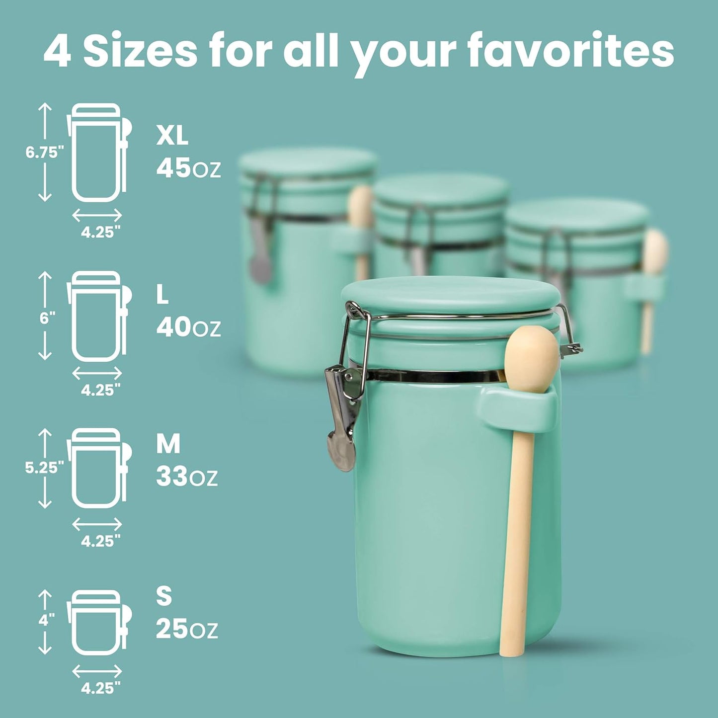 Home Intuition 4-Piece Ceramic Kitchen Canisters Set, Airtight Containers with Wooden Spoons Reusable Chalk Labels and Marker for Sugar, Coffee, Flour, Tea (Turquoise)